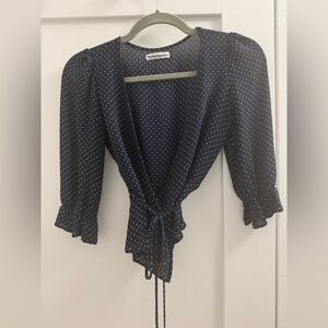 Reformation Blouse Womens Small Navy Blue White Polka Dot Print Emma Wrap Top